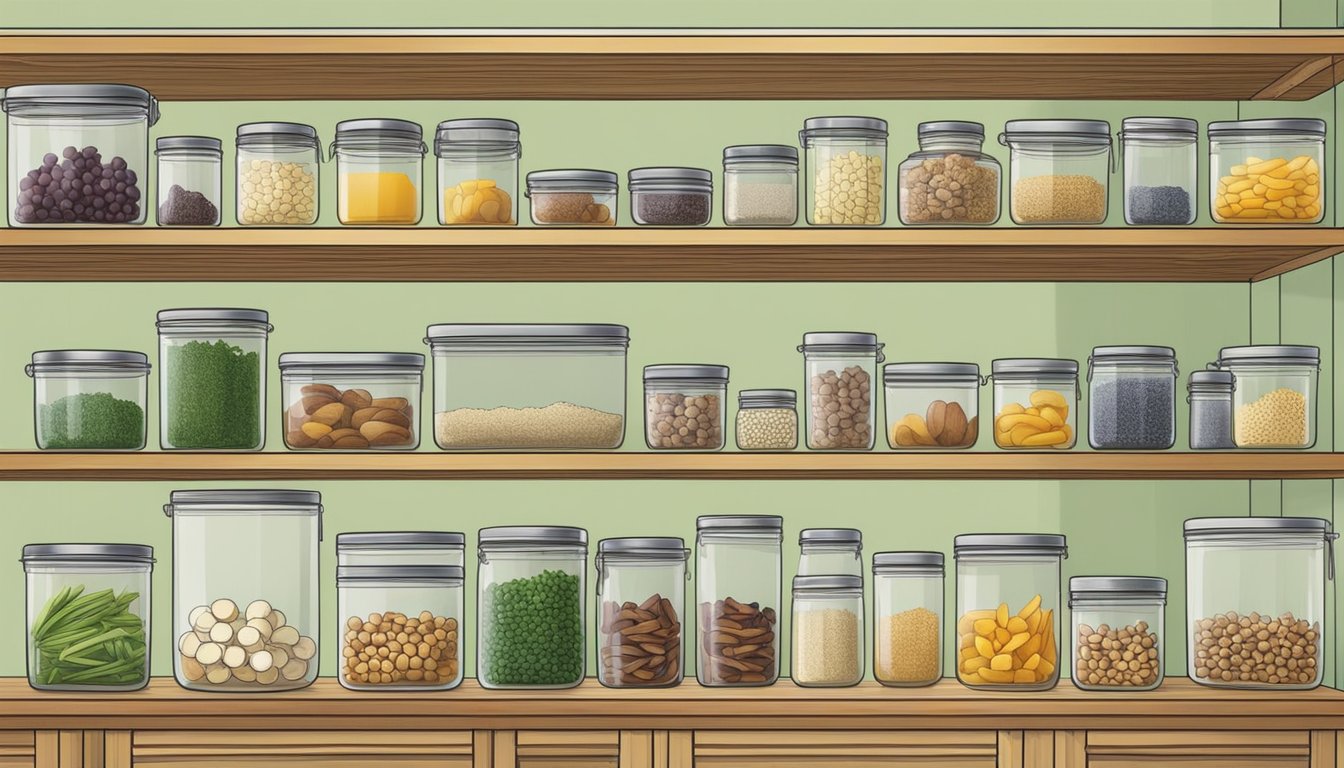 A kitchen pantry filled with reusable glass containers, metal canisters, and bamboo storage baskets, showcasing sustainable storage options for eco-conscious consumers