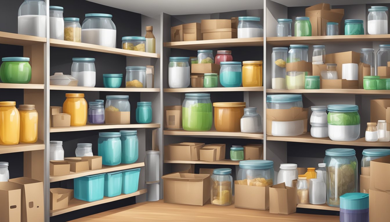 A cluttered room with cardboard boxes and plastic bins, contrasted with neatly organized shelves of glass jars, bamboo baskets, and reusable containers