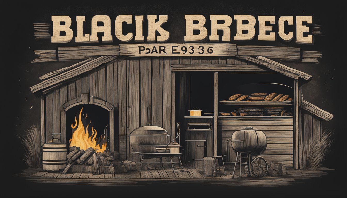 A rustic barbecue pit with smoke billowing out, surrounded by aged wood and a worn sign reading "Black's Barbecue: Est. 1932"