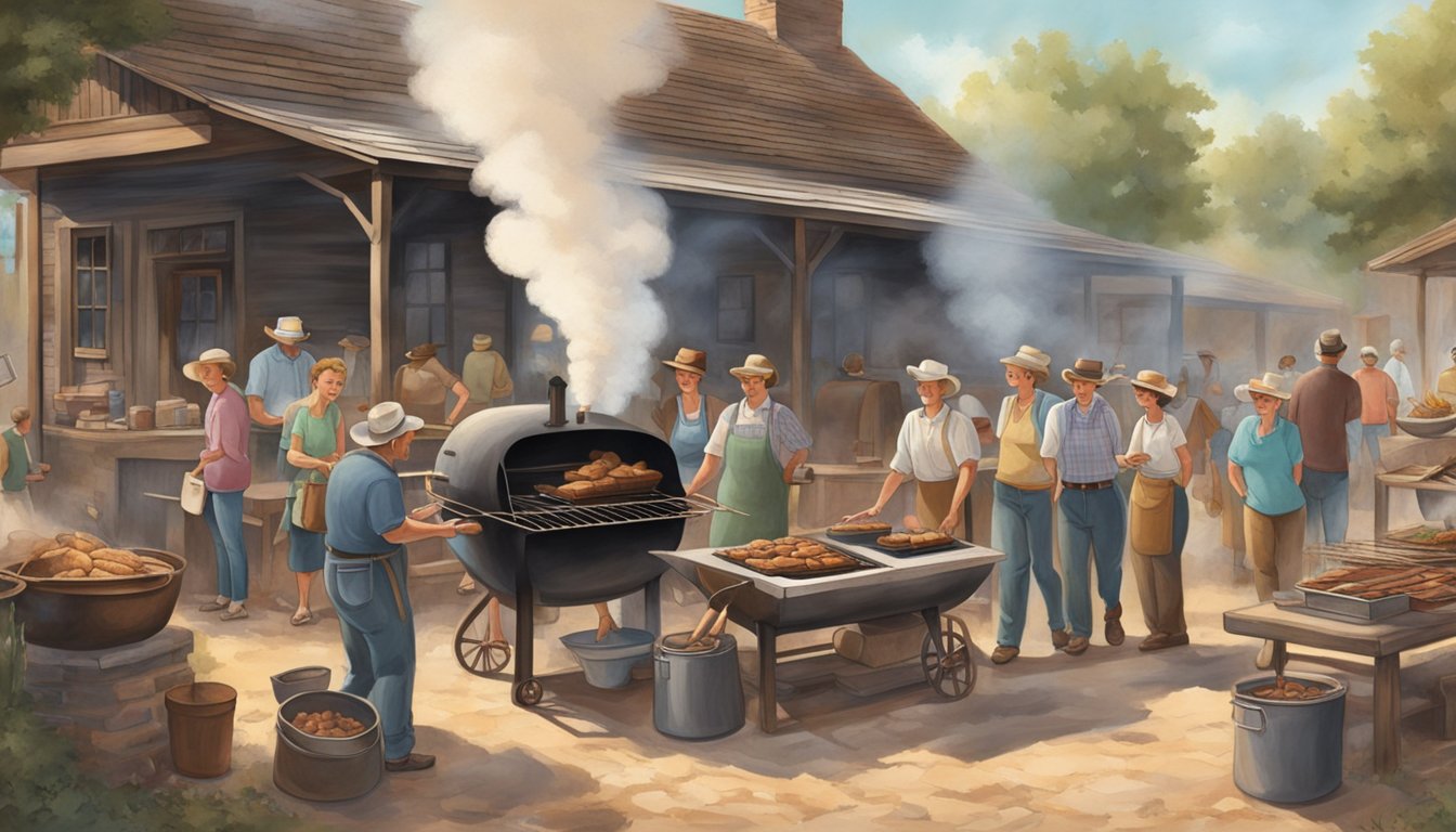 A rustic barbecue pit with billowing smoke, surrounded by generations of family members working together in a bustling, historic Texas town