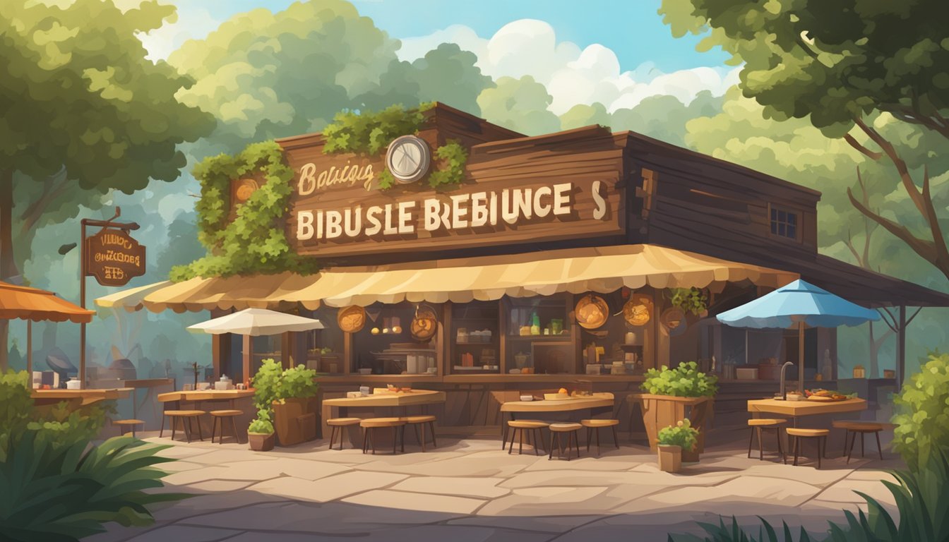 A rustic wooden sign hangs above a bustling barbecue joint, surrounded by lush greenery and the sounds of sizzling meats