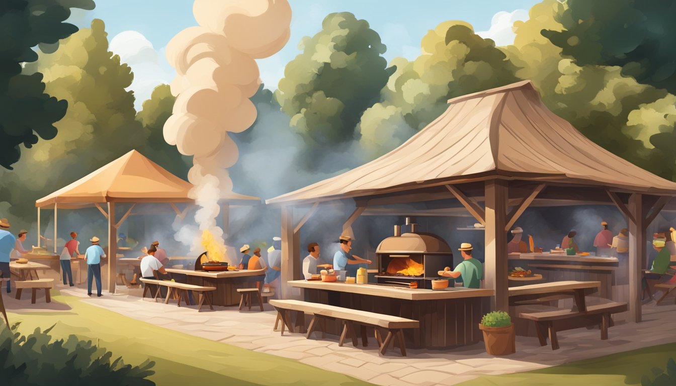 A rustic outdoor barbecue joint with a large smoker billowing smoke, surrounded by picnic tables and a lively atmosphere