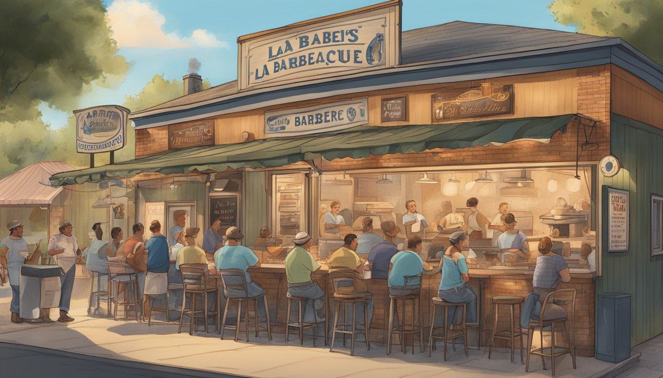 A bustling outdoor barbecue joint with a line of eager customers, smoke billowing from the grill, and a sign proudly displaying "La Barbecue: Austin's Queen of Smoked Meats."