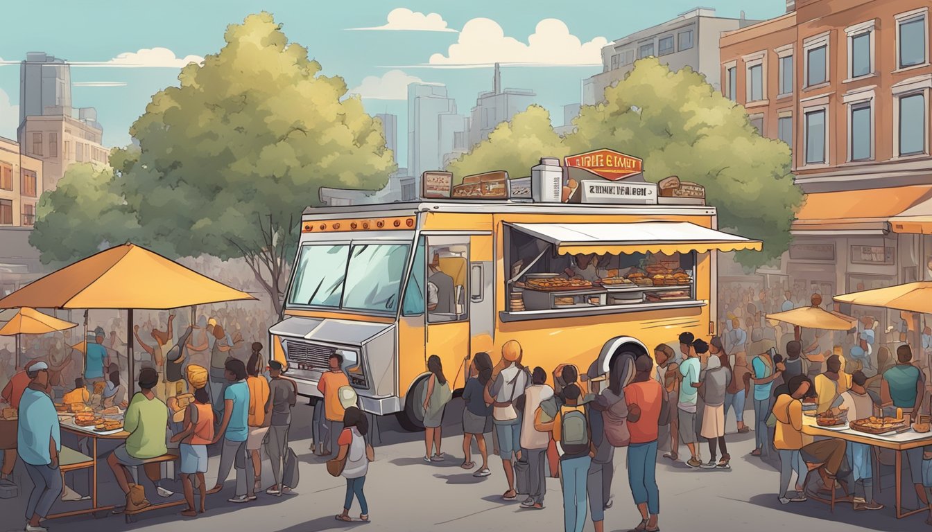 A bustling food truck surrounded by a crowd of hungry customers, smoke billowing from the grill as the aroma of sizzling meats fills the air