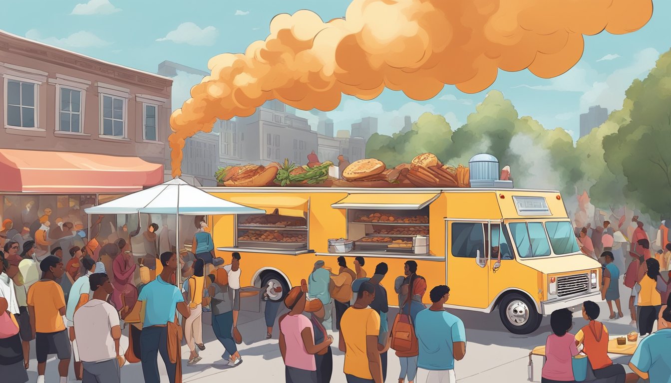 A bustling food truck surrounded by a diverse crowd, smoke billowing from the chimney as the aroma of smoked meats fills the air