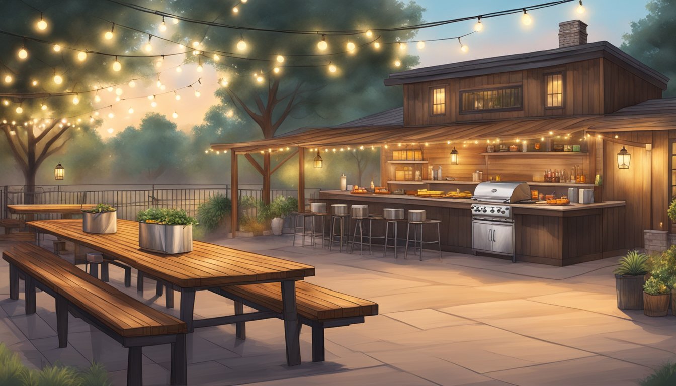 A rustic outdoor barbecue setting with a large smoker, picnic tables, string lights, and a lively atmosphere in the heart of Austin