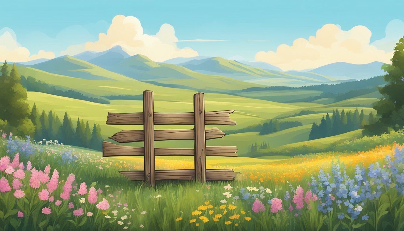 A rustic wooden sign stands in a field of wildflowers, surrounded by rolling hills and a clear blue sky