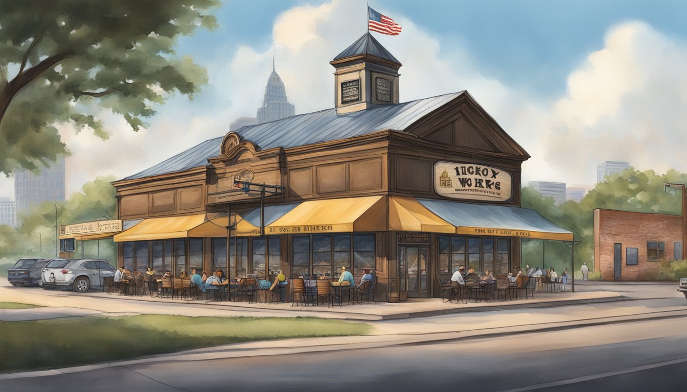 The historic Iron Works BBQ building stands tall against a backdrop of downtown Austin. The aroma of hickory smoke wafts through the air, creating a welcoming and nostalgic atmosphere