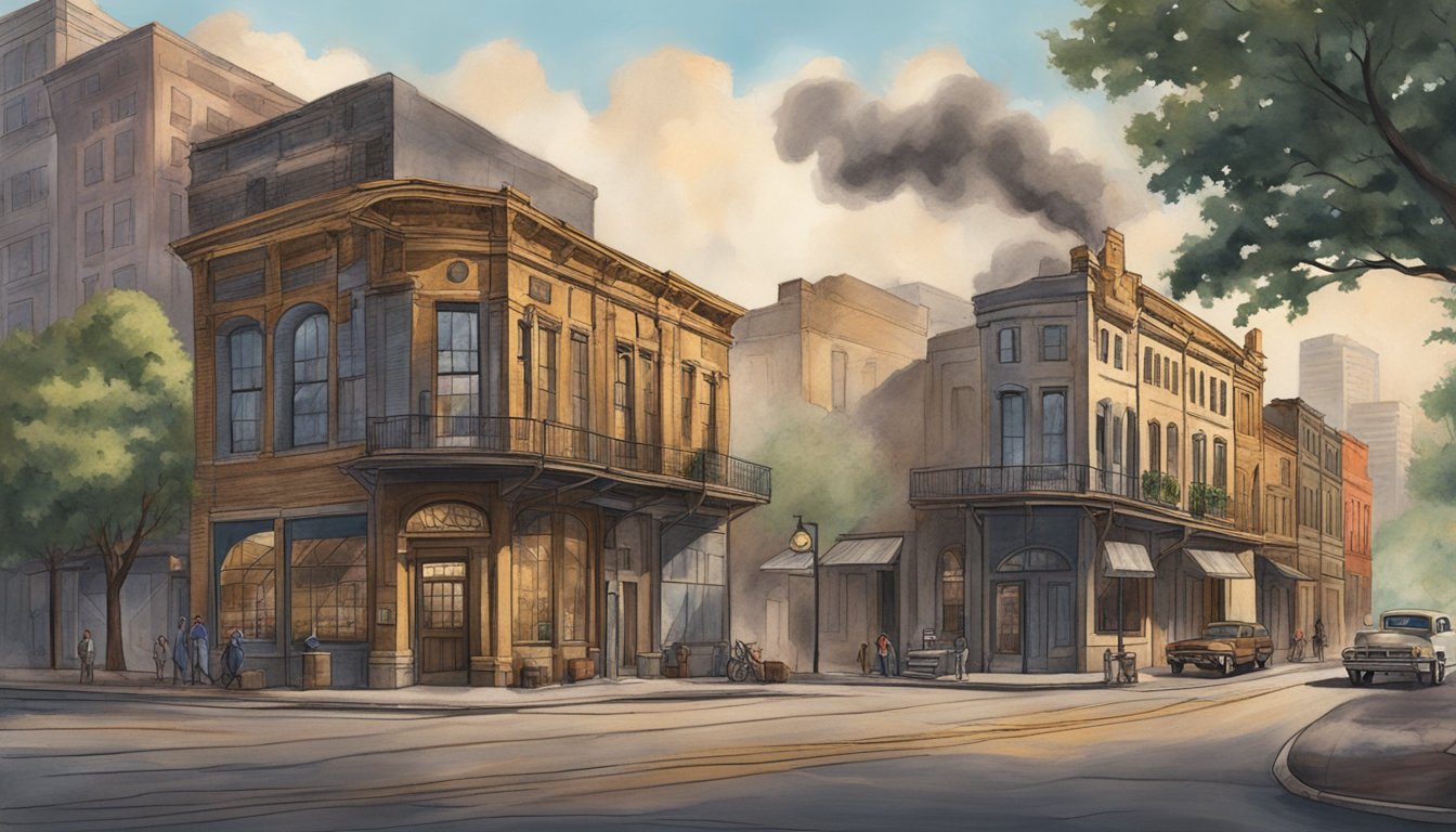 An old iron works building with a large smoker billowing hickory smoke, surrounded by historic downtown Austin buildings