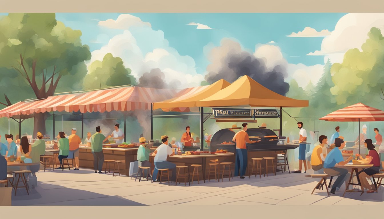 A bustling outdoor BBQ joint with a large smoker billowing fragrant smoke, surrounded by picnic tables and happy customers enjoying delicious food