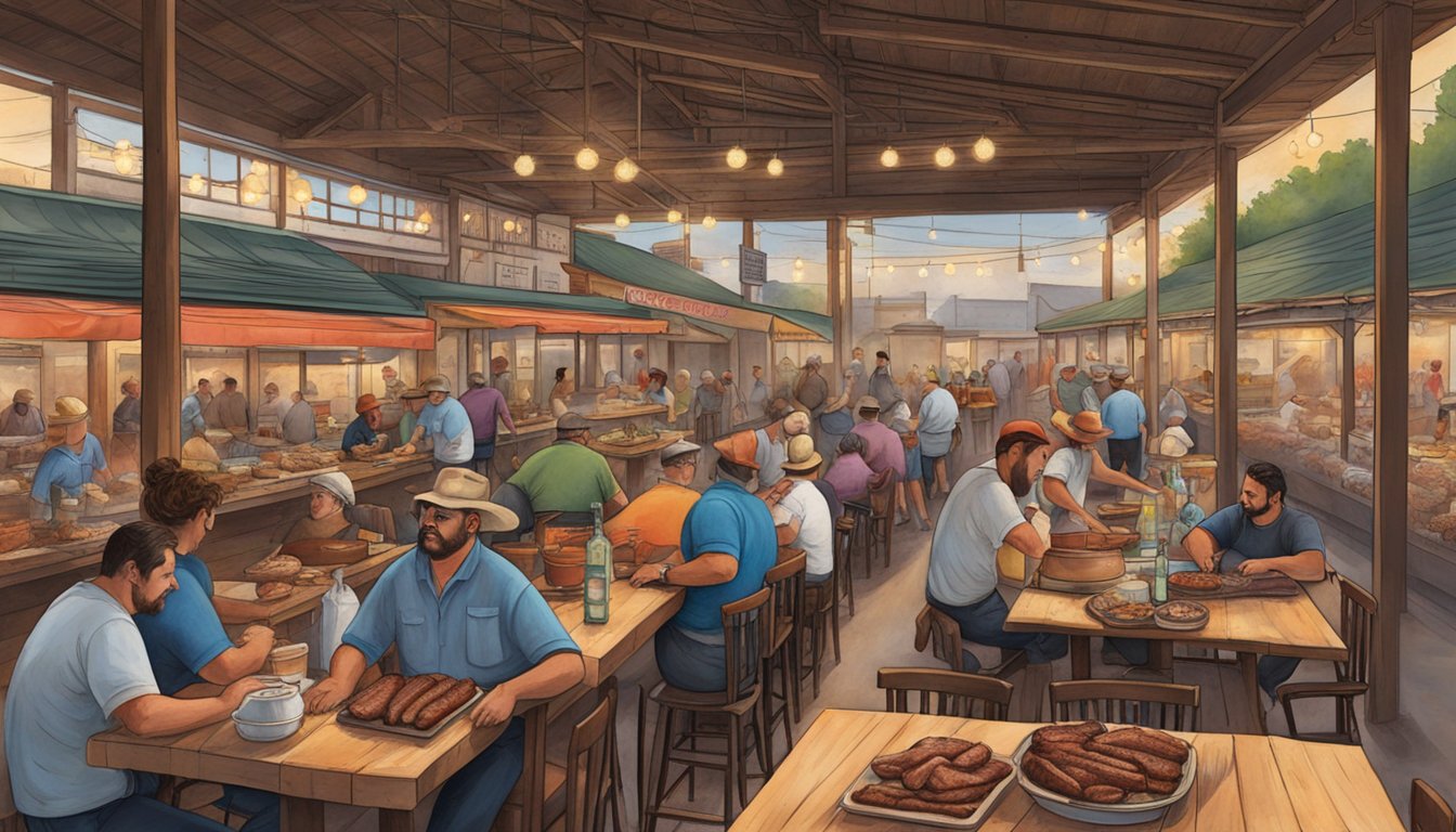 The bustling Kreuz Market, filled with the aroma of sizzling meats and smoky barbecue pits, as customers gather around communal tables to enjoy the century-old tradition of Texas barbecue