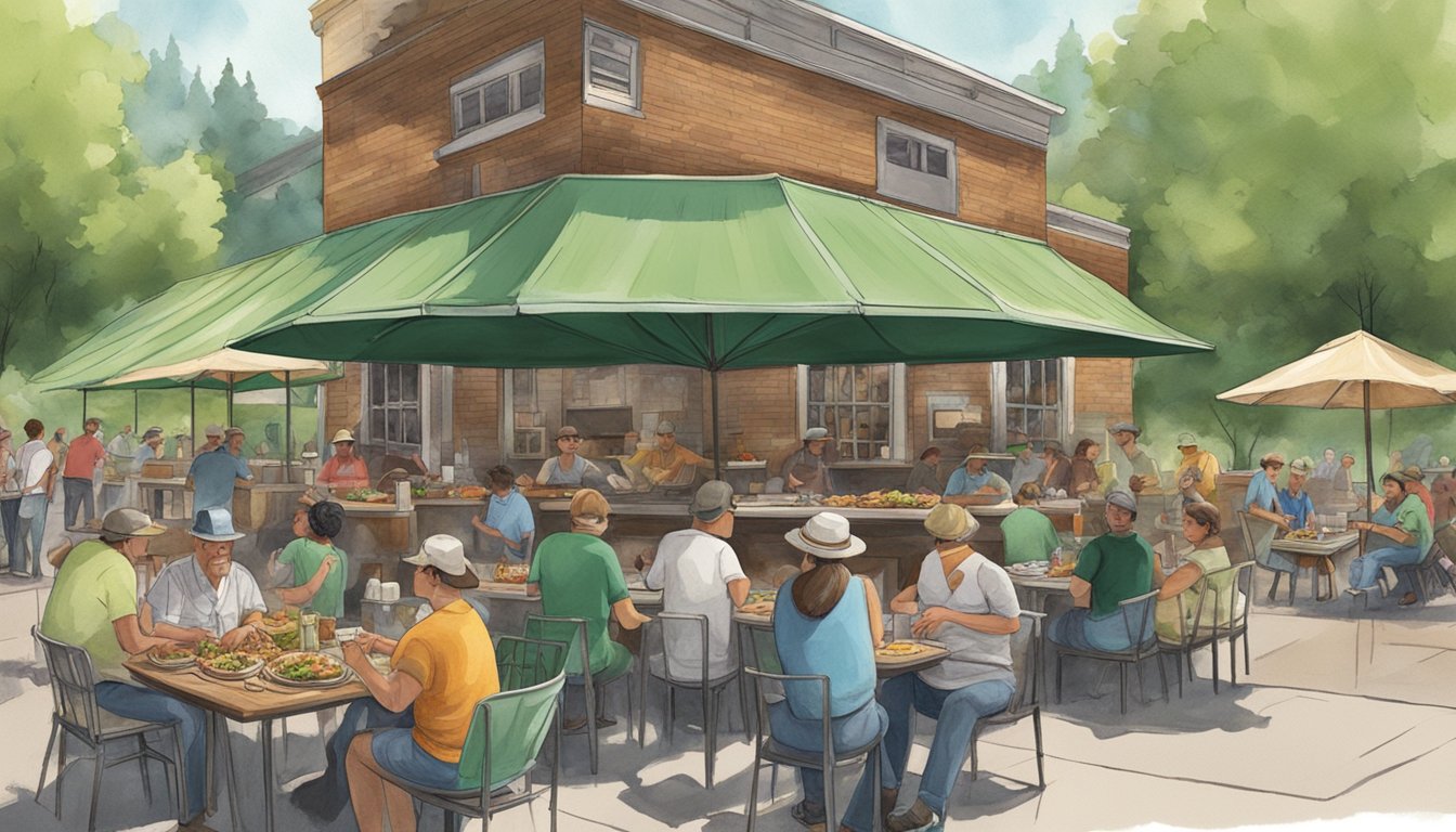 A bustling outdoor BBQ joint with a large smoker billowing fragrant green mesquite smoke, surrounded by picnic tables and happy diners