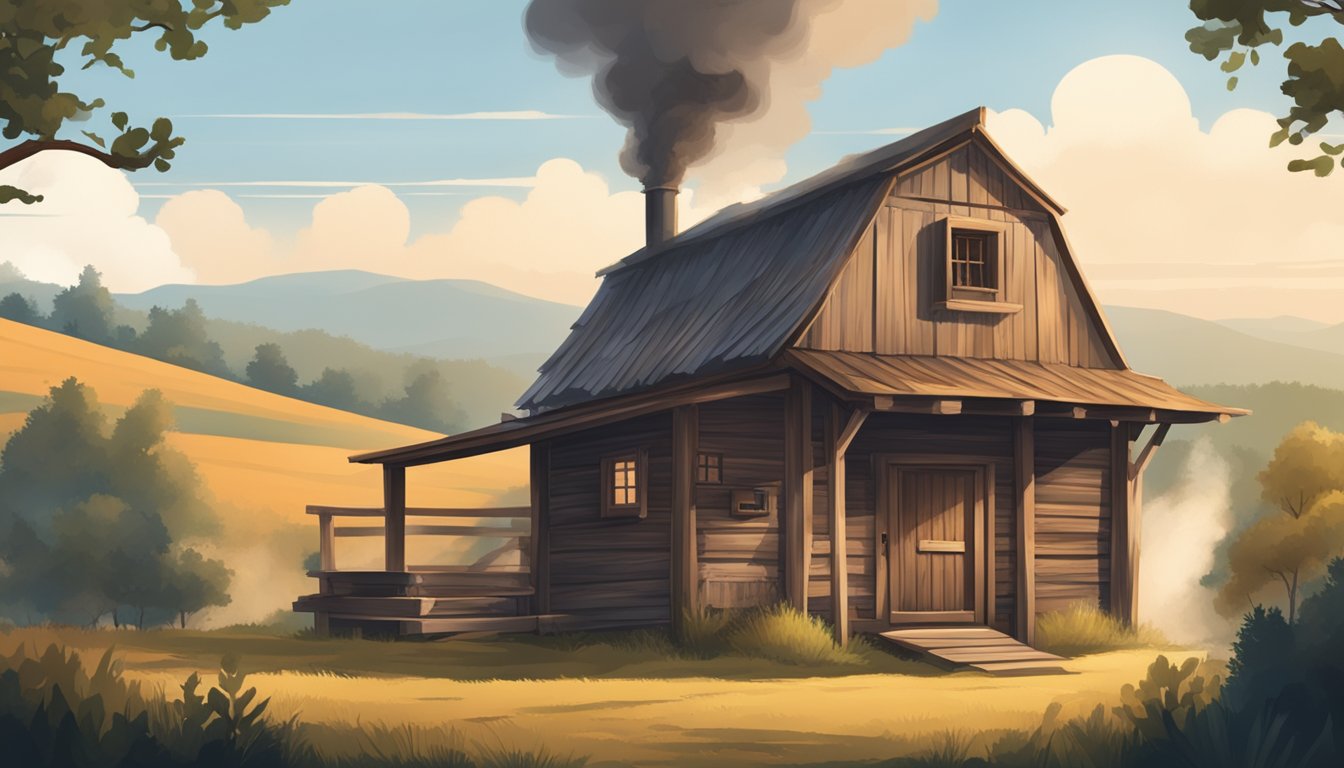 A rustic smokehouse with a weathered exterior, surrounded by rolling hills and oak trees, with the scent of smoky barbecue wafting through the air