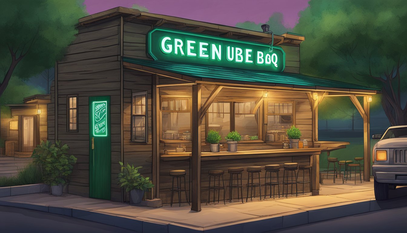 A rustic BBQ joint with a smoking grill, outdoor seating, and a neon sign reading "Green Mesquite BBQ."