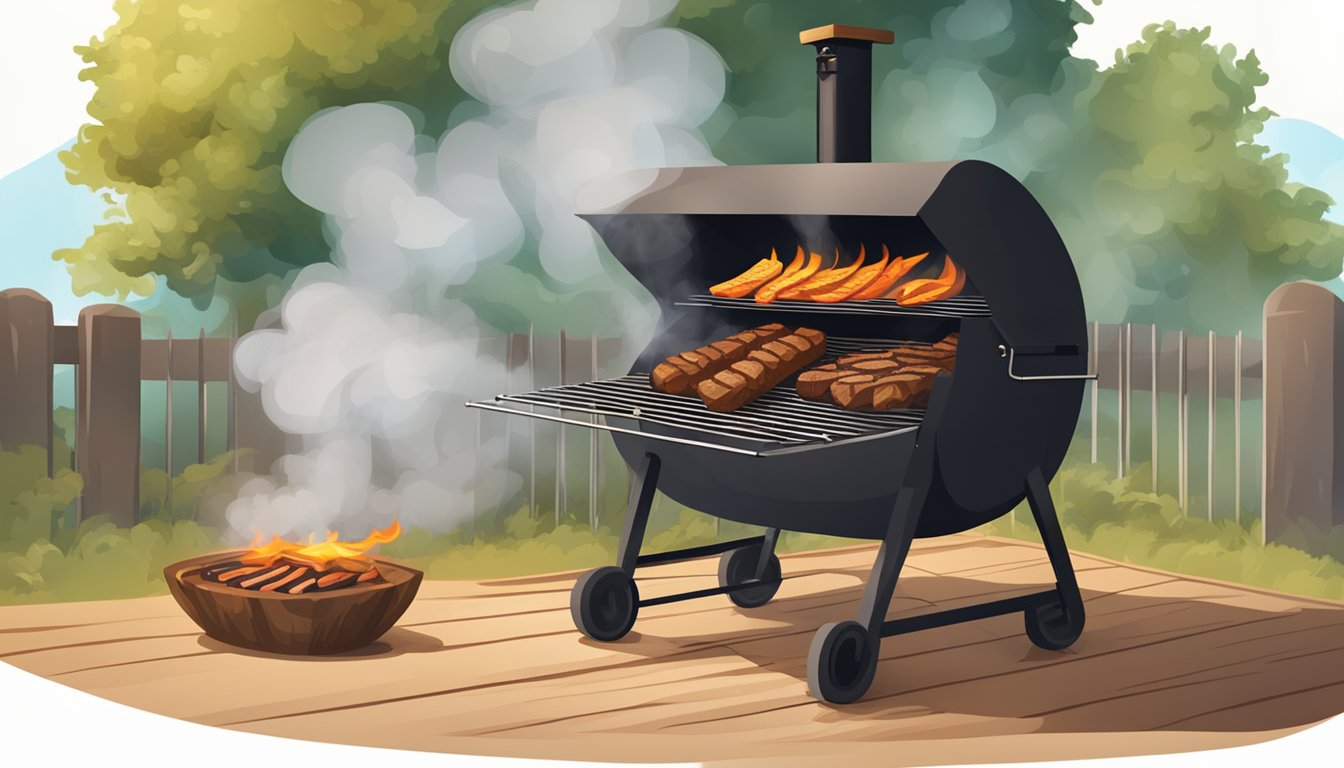 A smoky barbecue pit surrounded by oak wood, with flames licking the grill as the scent of sizzling meat fills the air