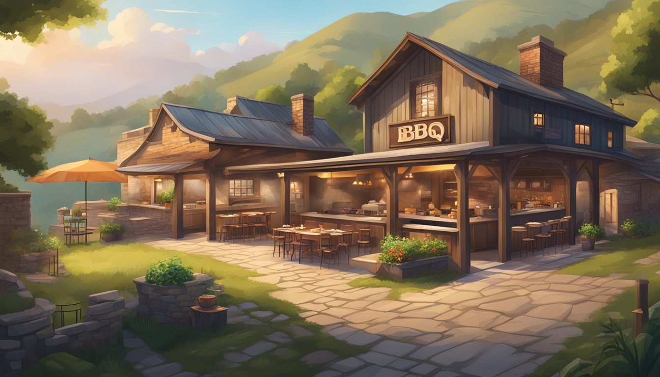 A rustic BBQ restaurant nestled among rolling hills, with a mix of historic and modern architecture, surrounded by lush greenery and the enticing aroma of smoked meats