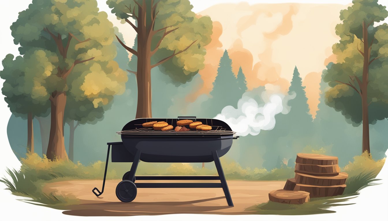 A rustic barbecue pit surrounded by oak trees, with smoke billowing from the fire and the scent of slow-cooked meat filling the air