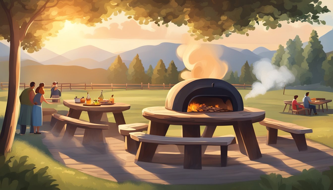 A rustic outdoor barbecue pit with smoke billowing from the wood fire, surrounded by picnic tables and a welcoming atmosphere