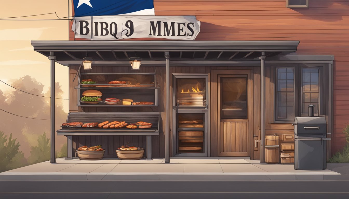 A rustic BBQ pit with smoky meats, a welcoming storefront, and a Texas flag flying proudly