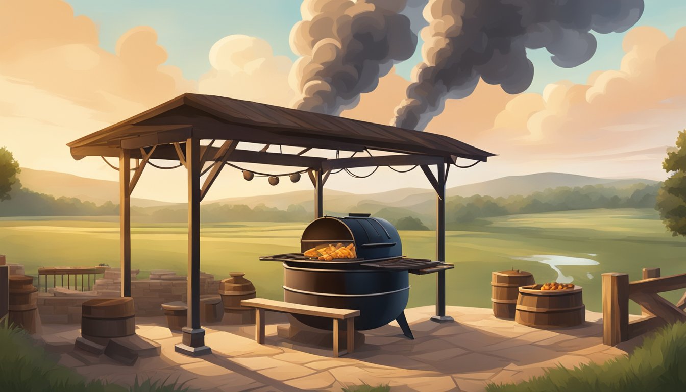 A rustic barbecue pit with billowing smoke, surrounded by Texas countryside and a welcoming atmosphere