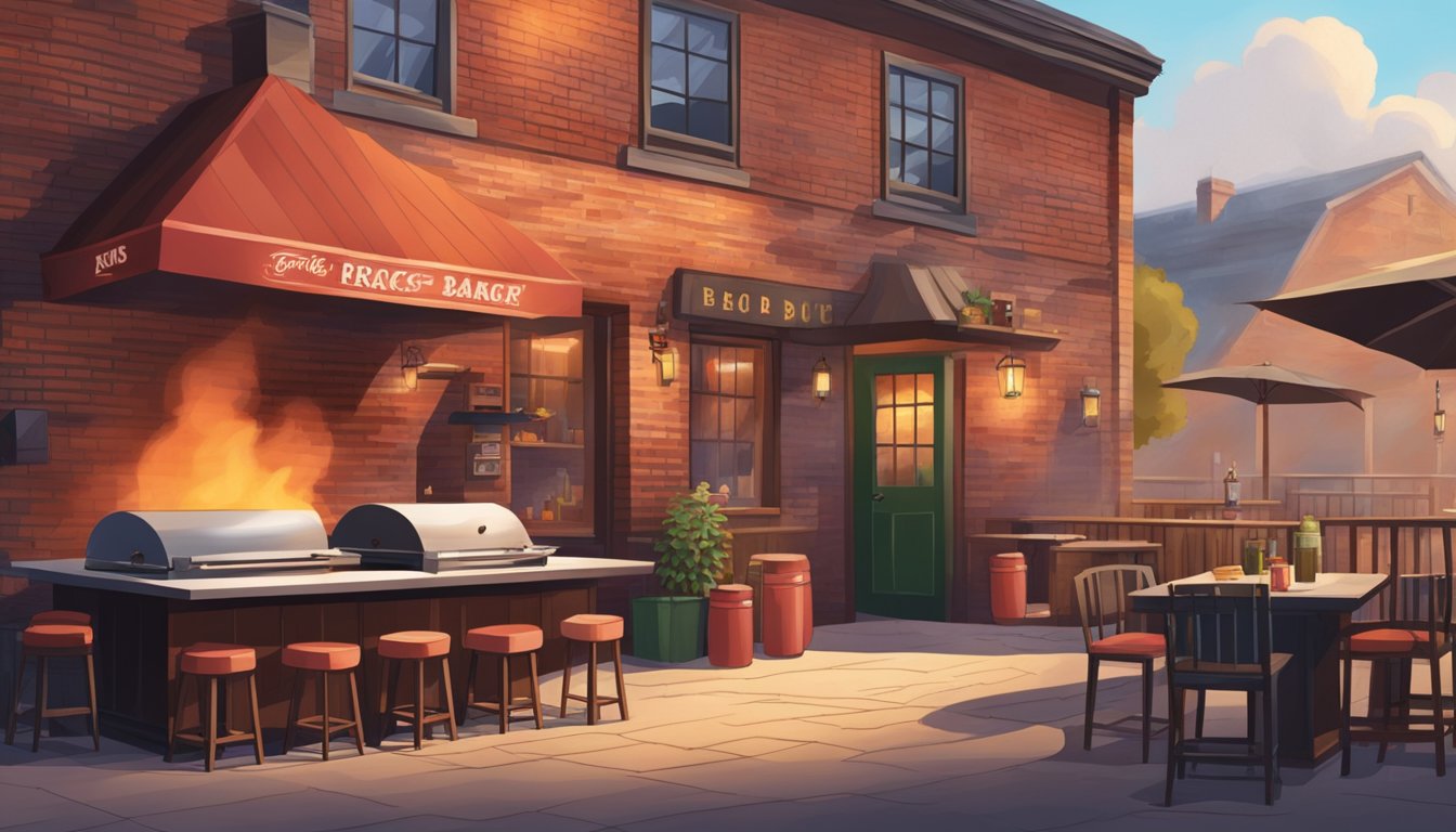 A rustic BBQ joint with a red-brick pit, smoke billowing, and a welcoming atmosphere