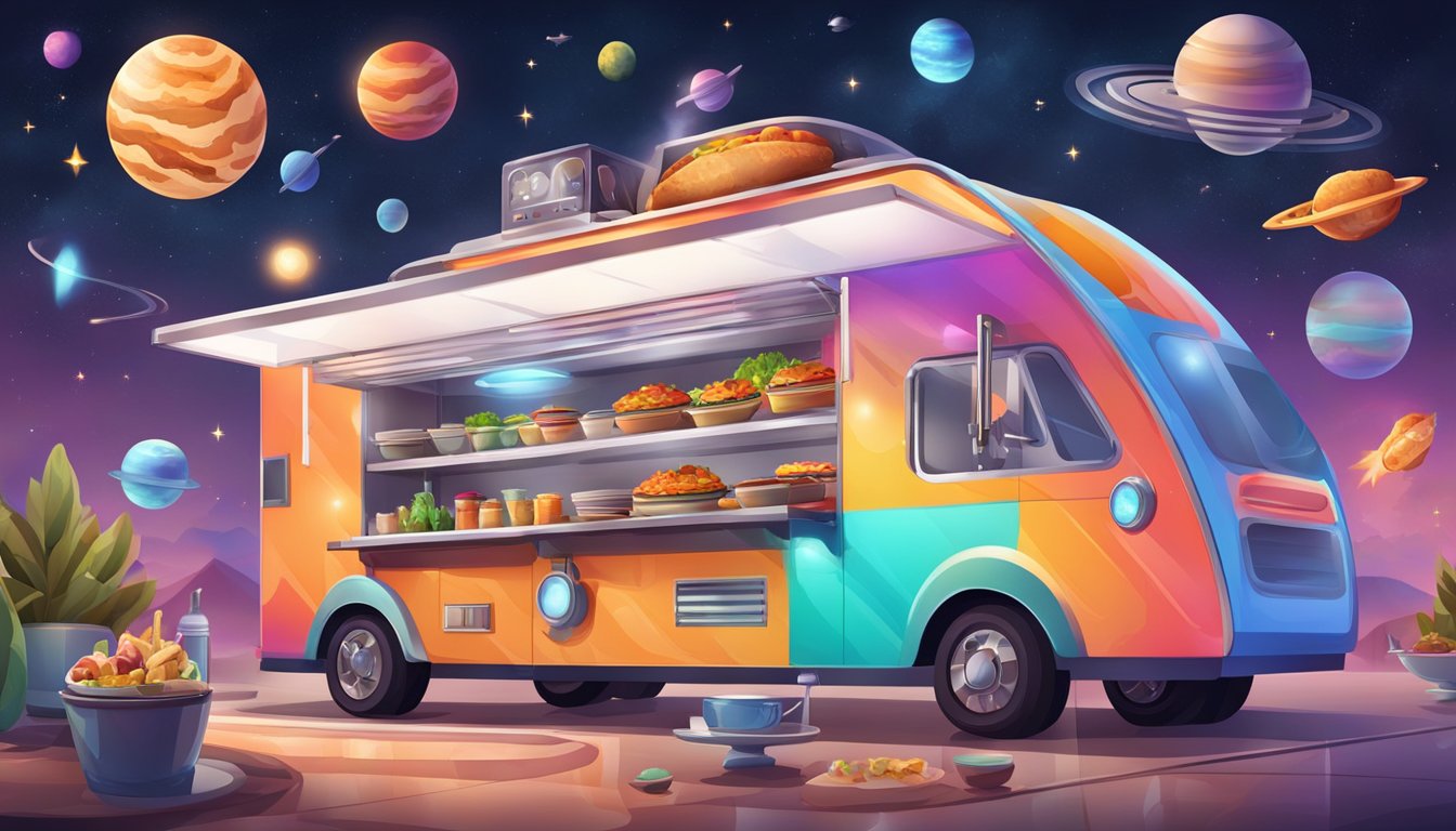 A futuristic BBQ food truck with a rocket-shaped smoker surrounded by colorful planetary decorations and a mix of savory and sweet dishes on display