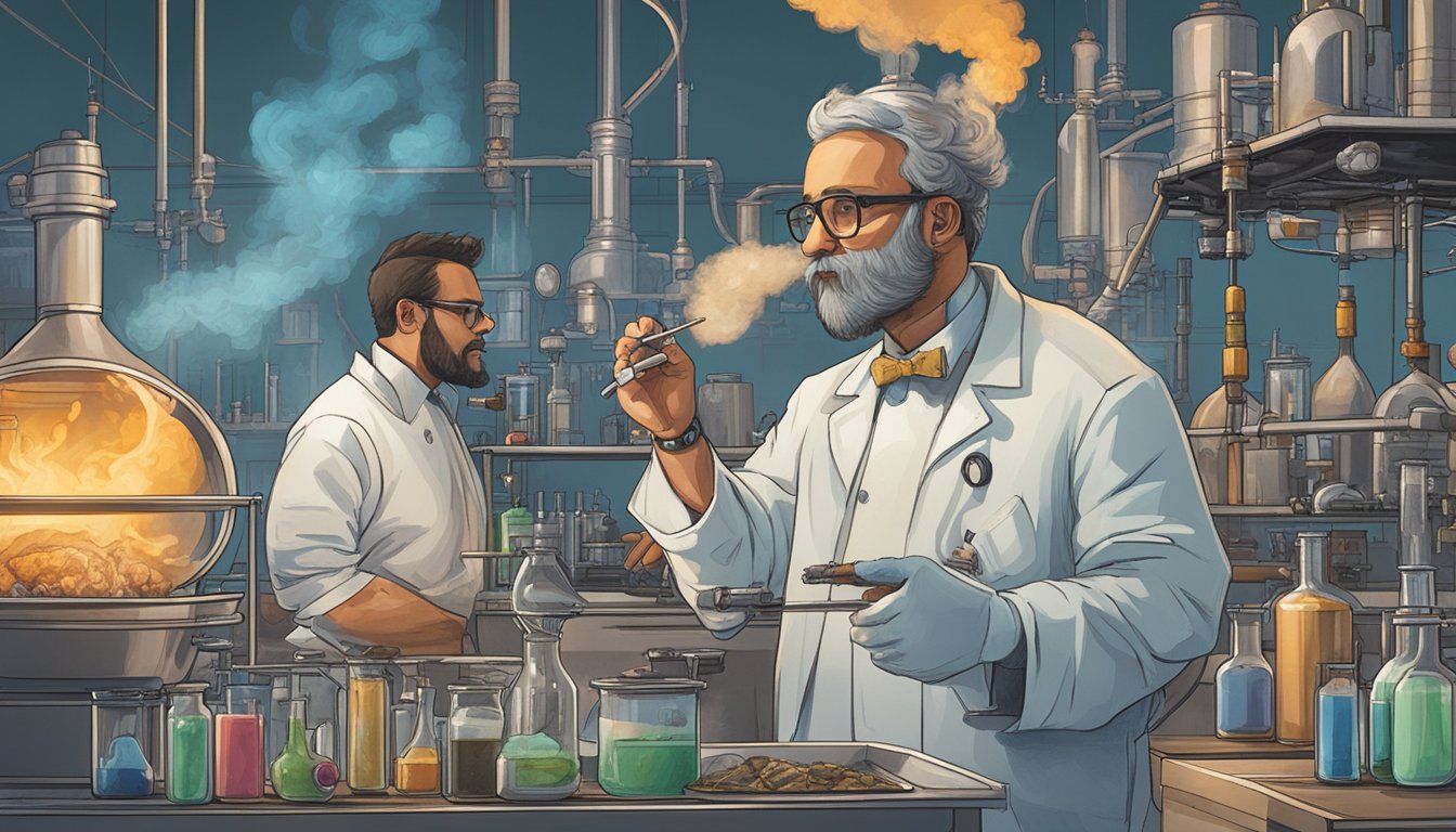 A futuristic smoker emitting plumes of fragrant smoke, surrounded by beakers and scientific equipment, with a backdrop of a bustling Austin barbecue scene