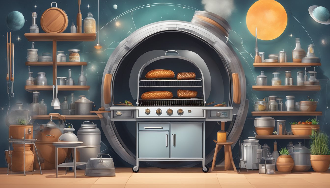 A futuristic BBQ smoker surrounded by traditional Texas BBQ tools and ingredients, with a backdrop of space-themed decor and scientific equipment