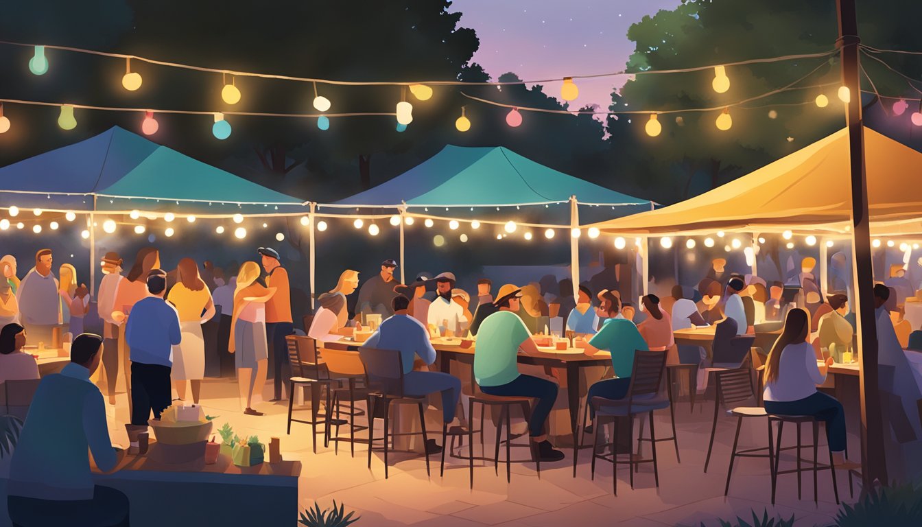 A bustling outdoor BBQ event with colorful food stalls, live music, and people socializing under string lights in the warm Austin evening