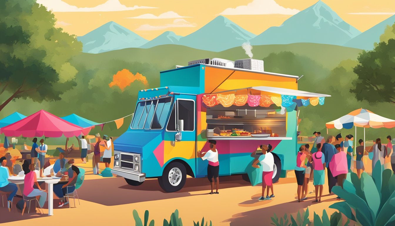 A colorful food truck surrounded by vibrant Texas scenery, with a smoky BBQ grill and Tex Mex dishes being prepared and served to a diverse crowd in Austin