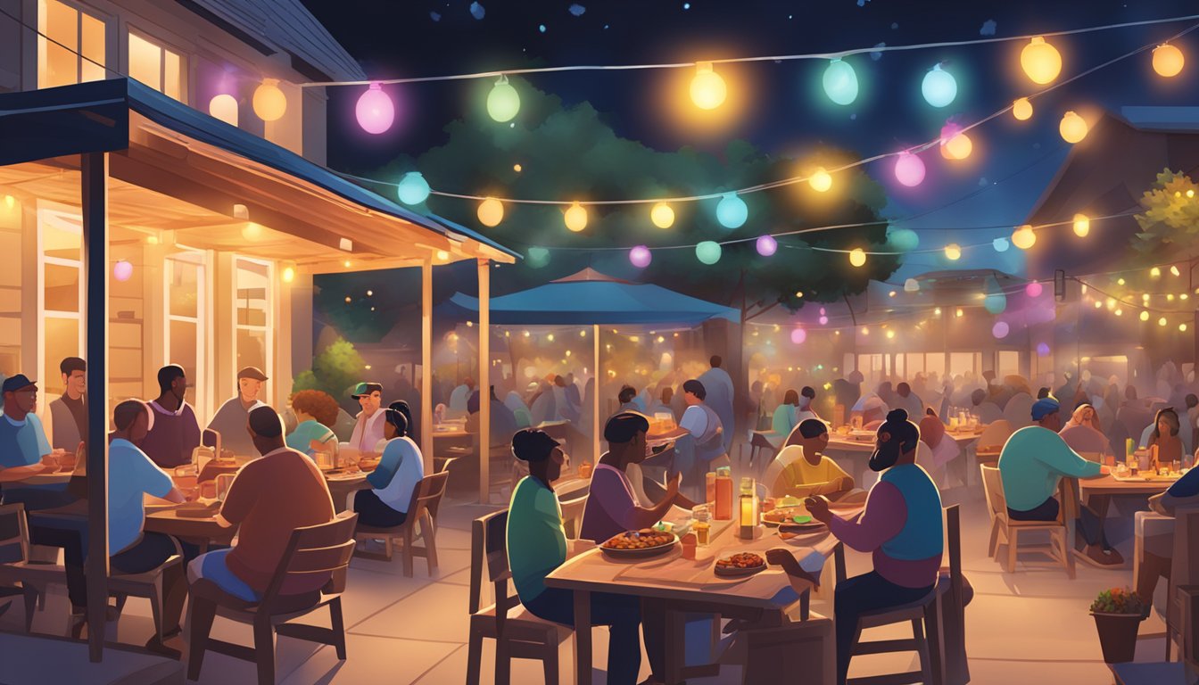 A bustling outdoor patio with picnic tables and colorful string lights, surrounded by the smoky aroma of slow-cooked meats and lively chatter