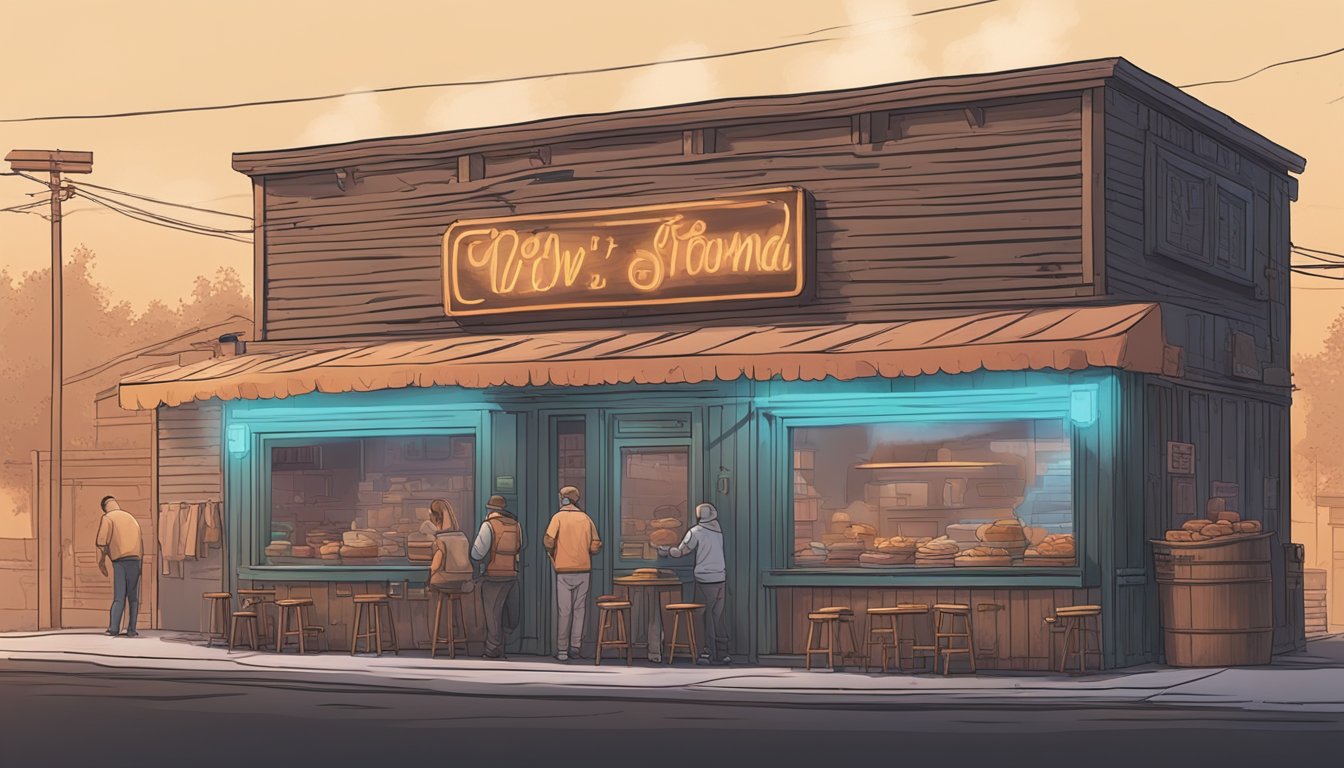 A rustic, weathered building with a neon sign, surrounded by smoke and the aroma of slow-cooked meats. A line of customers eagerly waits outside