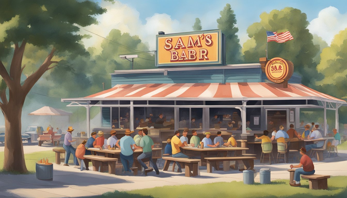 A bustling outdoor barbecue joint with smoke billowing from the pit, customers enjoying their meals at picnic tables, and the iconic sign proudly displaying the name "Sam's Bar-B-Que."