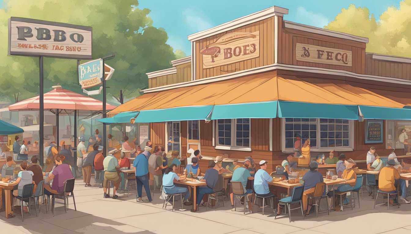 A bustling outdoor BBQ joint with a colorful sign, picnic tables, and a line of patrons waiting to order delicious smoked meats