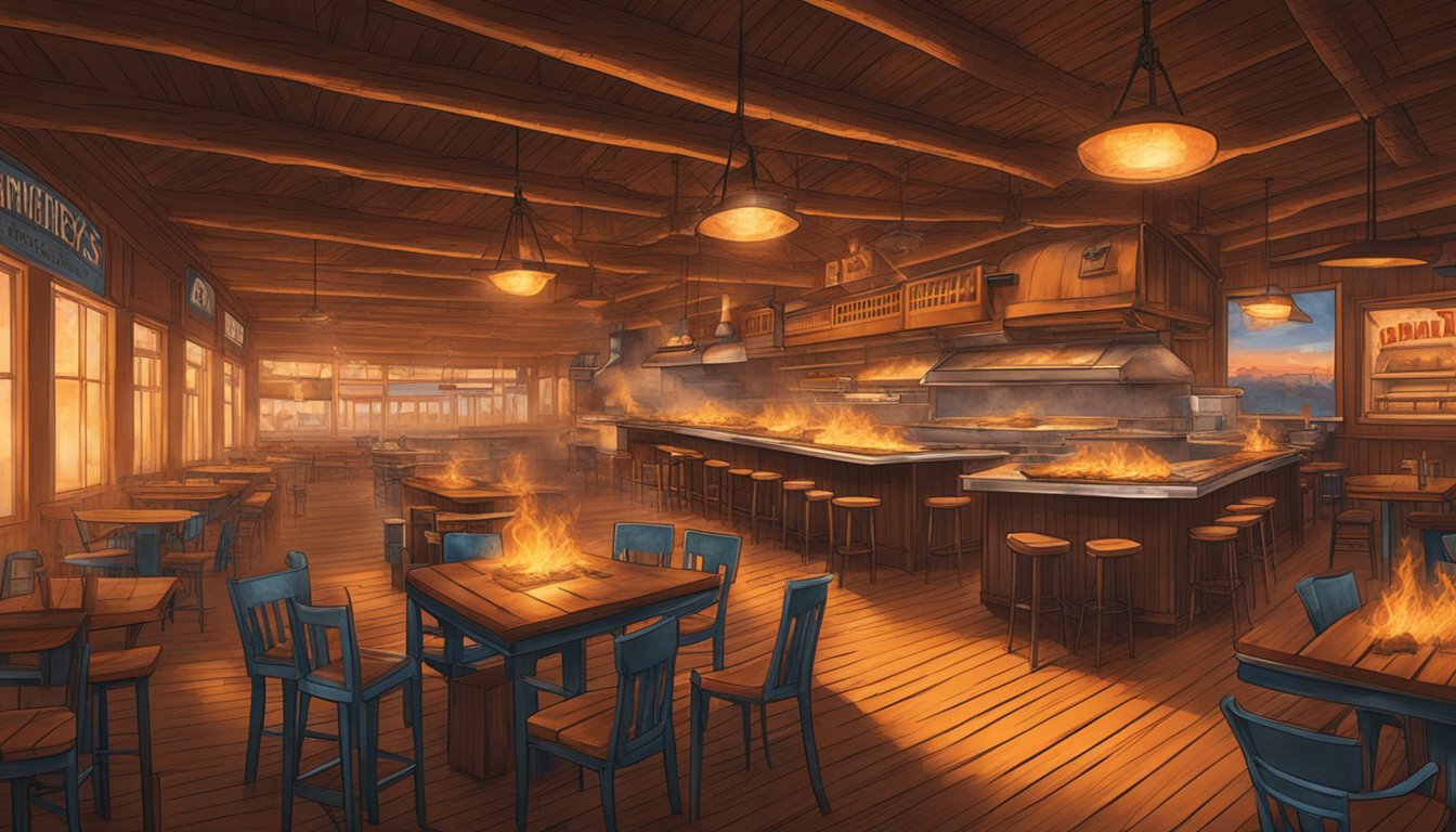 The glowing embers of the massive barbecue pit at Smitty's Market radiate heat, casting a warm orange glow over the rustic interior of the legendary Lockhart establishment