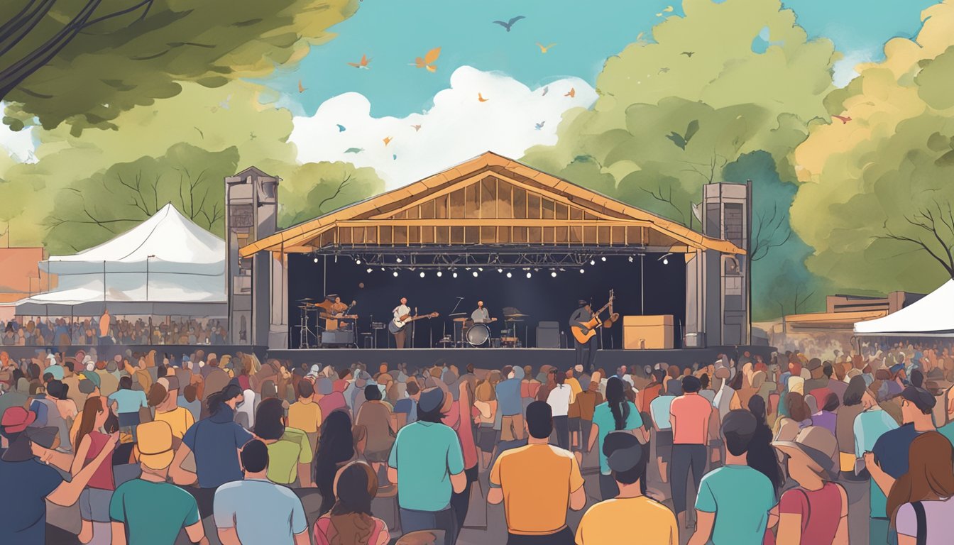 A vibrant outdoor stage surrounded by barbecue smoke, with a crowd of people enjoying live music in the heart of Austin