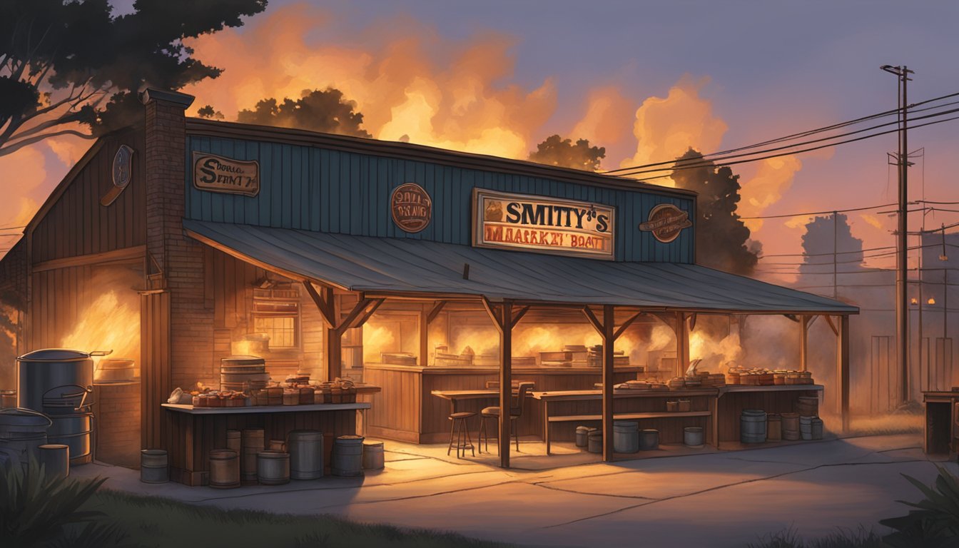 The sun sets over a rustic Texas BBQ pit, smoke billowing from the fiery heart of Smitty's Market, a legacy of signature smoky delicacies