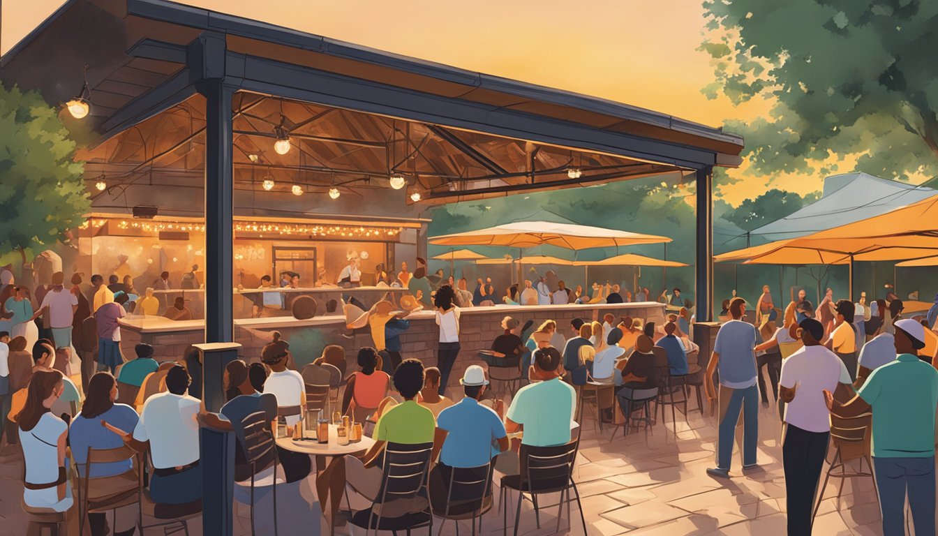 A bustling outdoor patio with a stage for live music, surrounded by the mouthwatering aroma of sizzling barbecue and a lively crowd enjoying the iconic atmosphere of Stubb's in Austin