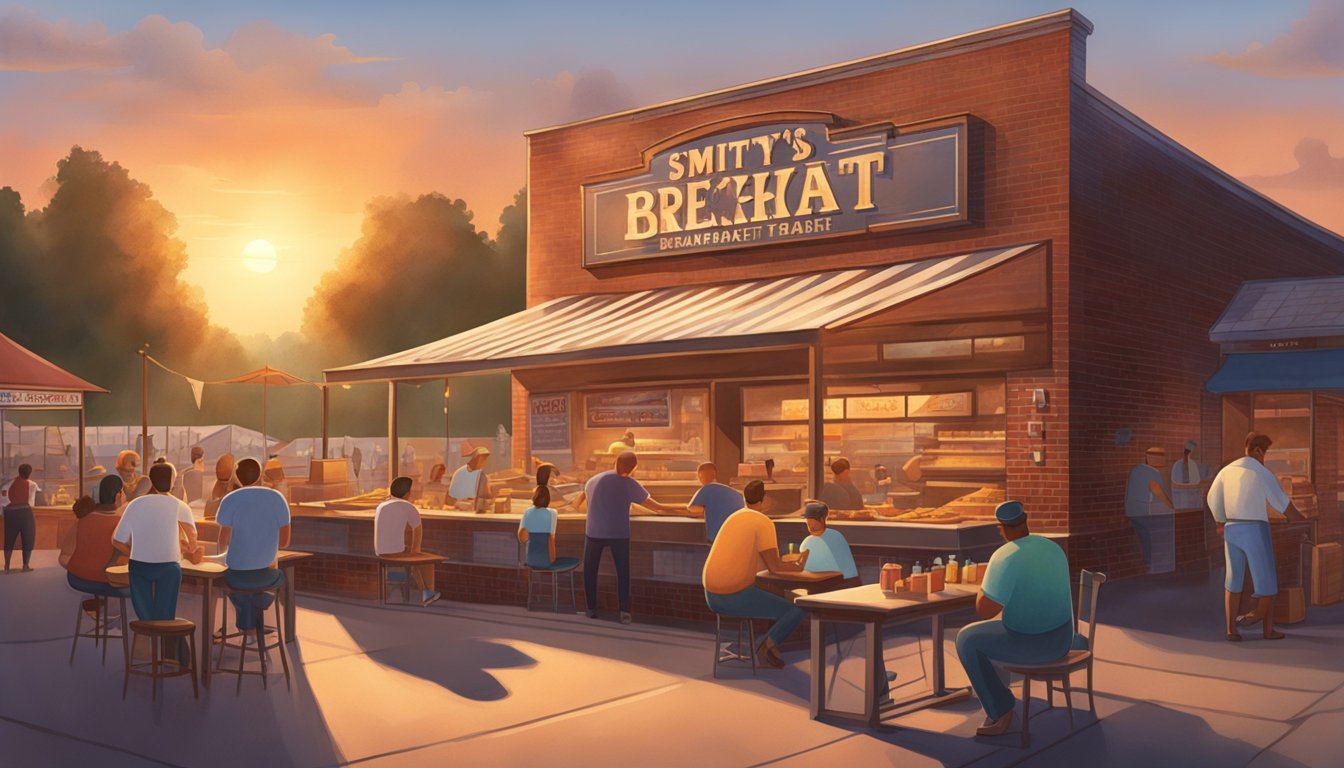 The sun sets behind the iconic brick pit at Smitty's Market, casting a warm glow over the smoky haze and the bustling activity of barbecue enthusiasts