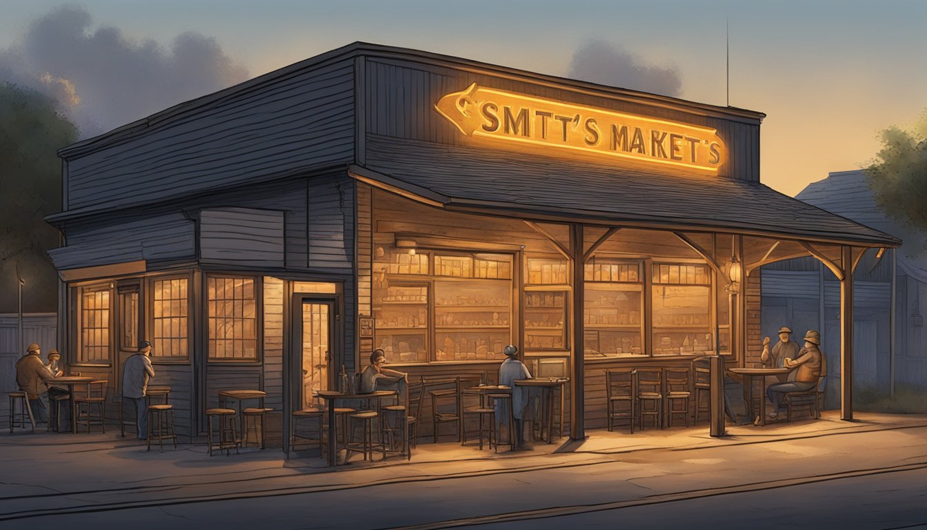 The glowing embers of the pit radiate warmth, casting a flickering light on the weathered walls of Smitty's Market. The smoky aroma of slow-cooked BBQ fills the air, a testament to the legacy of Lockhart's Pit