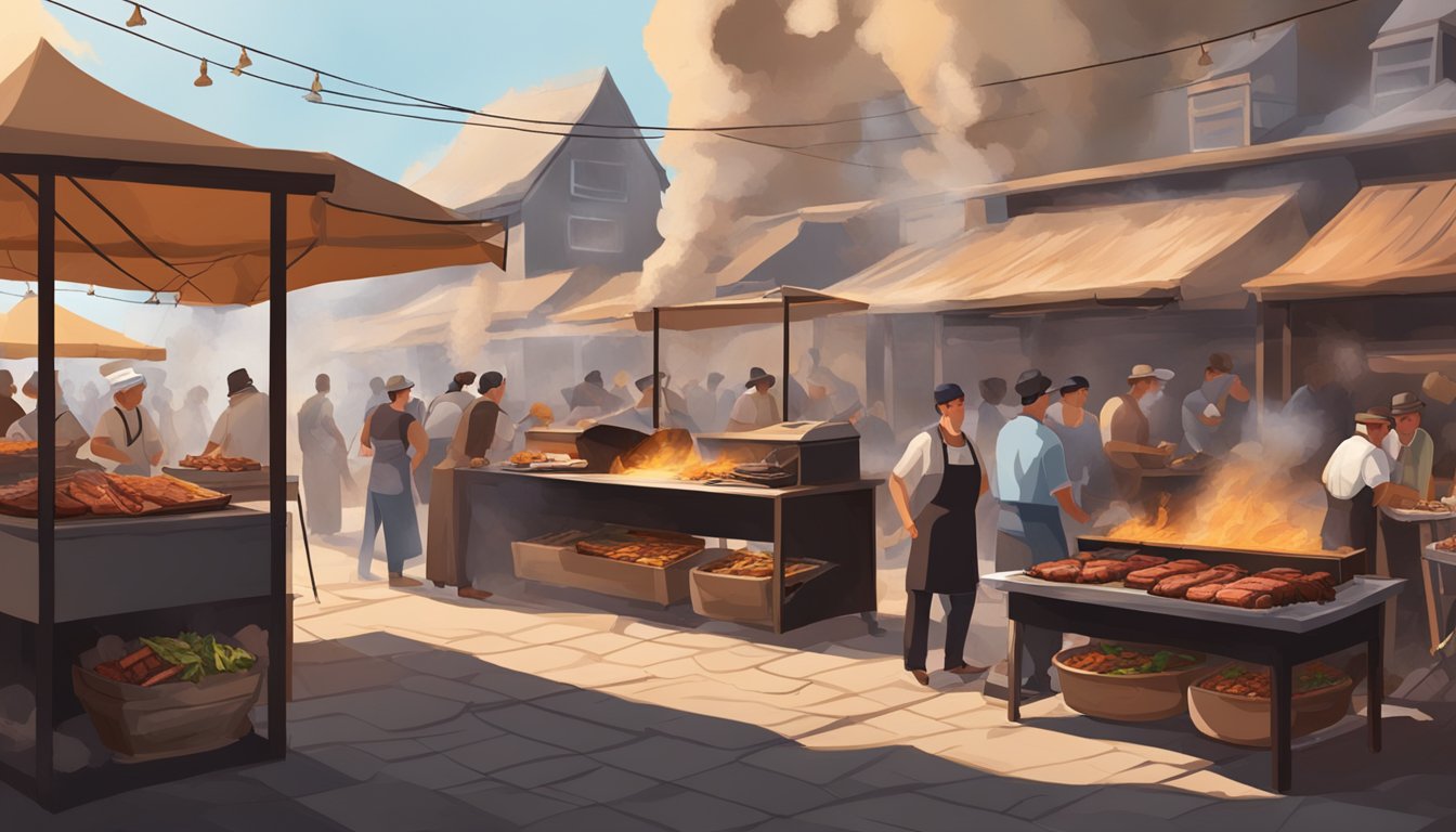 A bustling market with a rustic BBQ pit at its center, smoke billowing from the open flames, and the aroma of slow-cooked meat wafting through the air