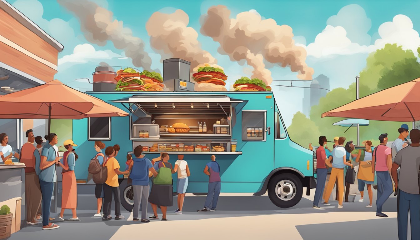 A bustling food truck surrounded by hungry customers, smoke billowing from the grill as the savory aroma of barbecued meats fills the air