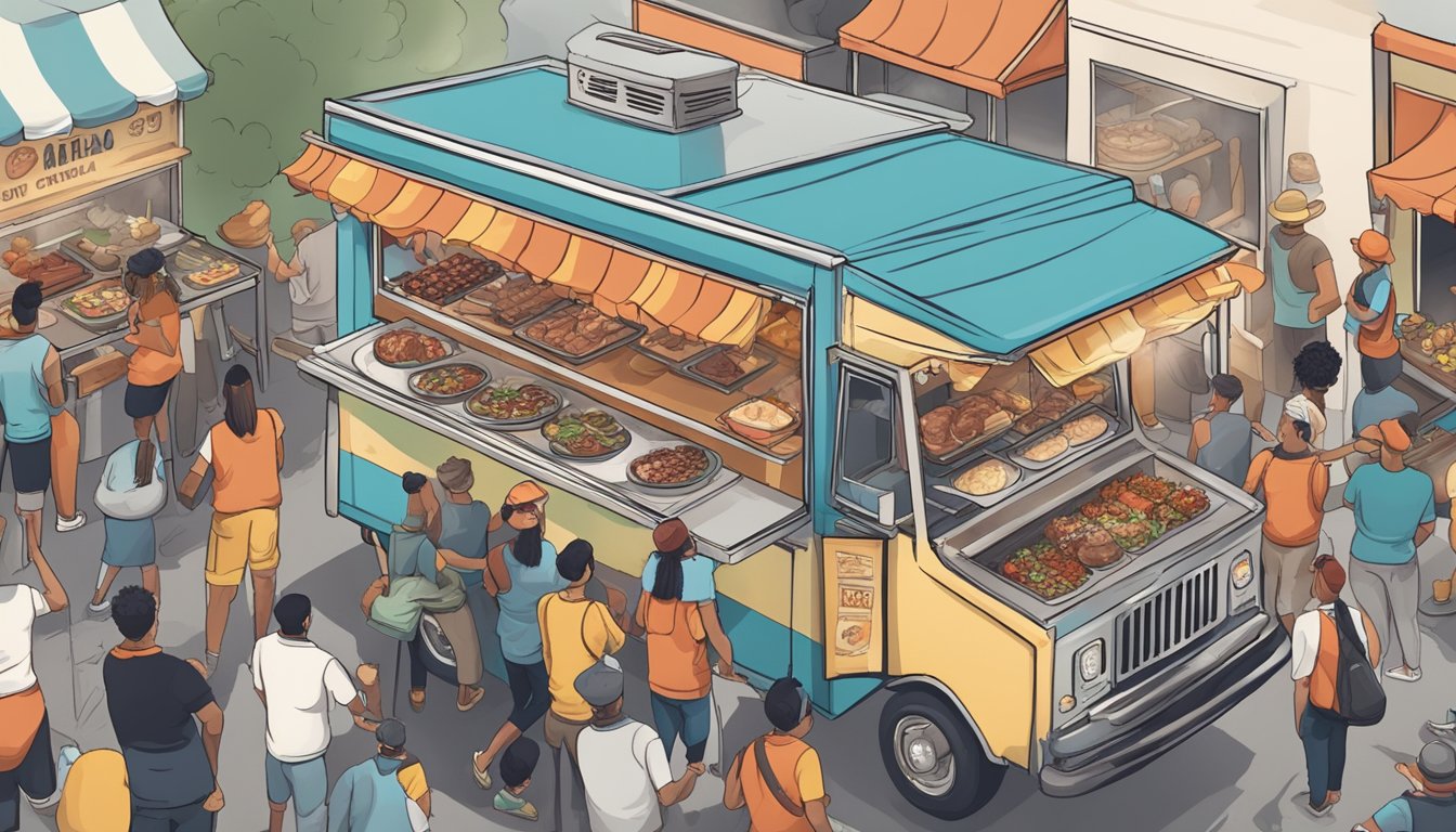 A food truck surrounded by a cloud of smoke, with a large grill sizzling with various meats, and a line of hungry customers eagerly waiting for their signature dishes