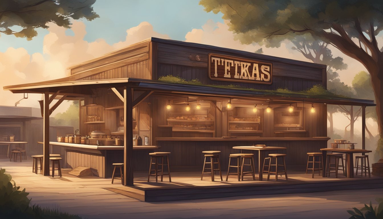 A rustic Texas barbecue joint with a smoky pit, wooden tables, and vintage decor, evoking the heritage of Lockhart's BBQ for a new generation