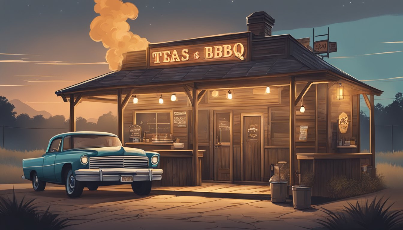 A rustic Texas BBQ joint with a vintage sign and smokers billowing fragrant smoke