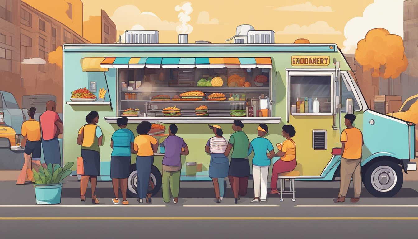 A bustling food truck with a line of hungry customers, smoke billowing from the grill, and a colorful menu showcasing a diverse range of barbecue dishes