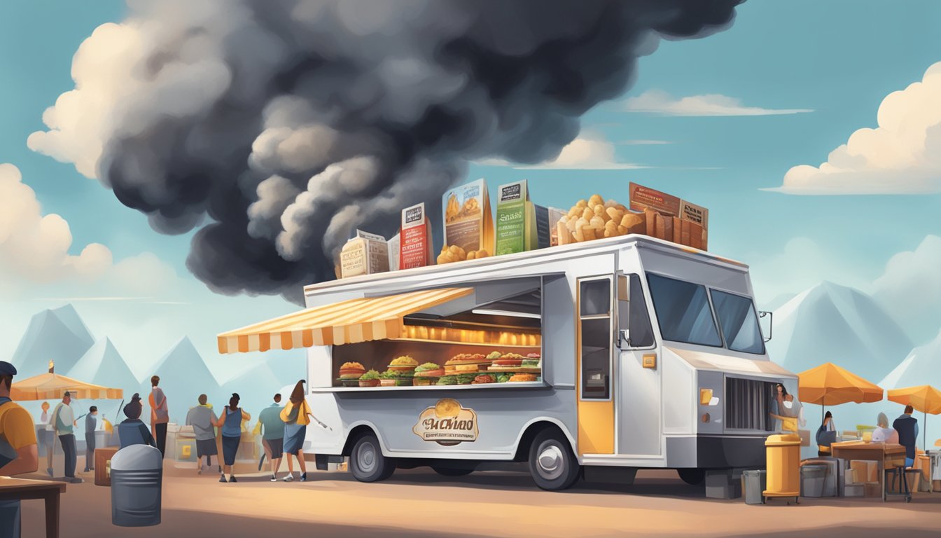 A bustling food truck surrounded by a cloud of smoke, overshadowing the competition with its savory aroma