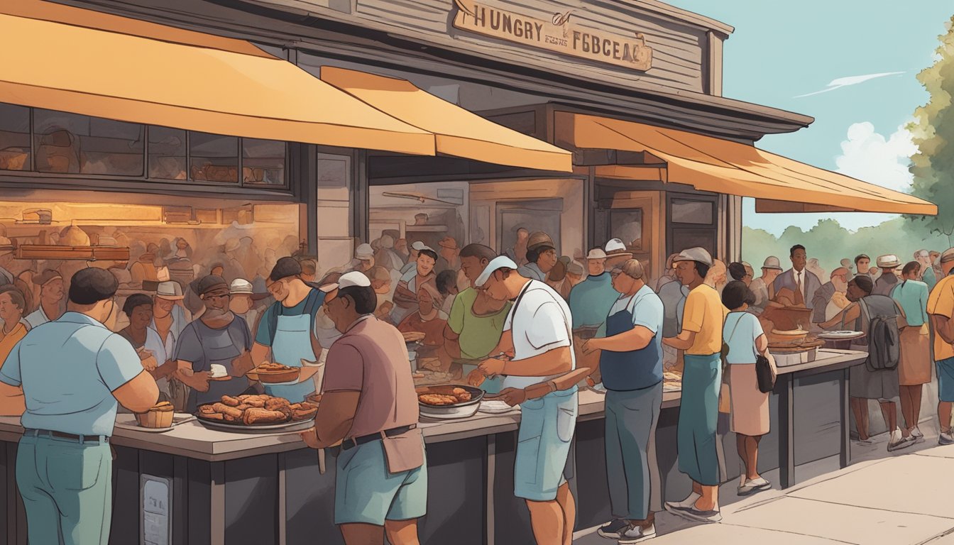 A bustling outdoor barbecue joint with a long line of hungry patrons, smoke billowing from the pit, and the unmistakable aroma of slow-cooked meats filling the air