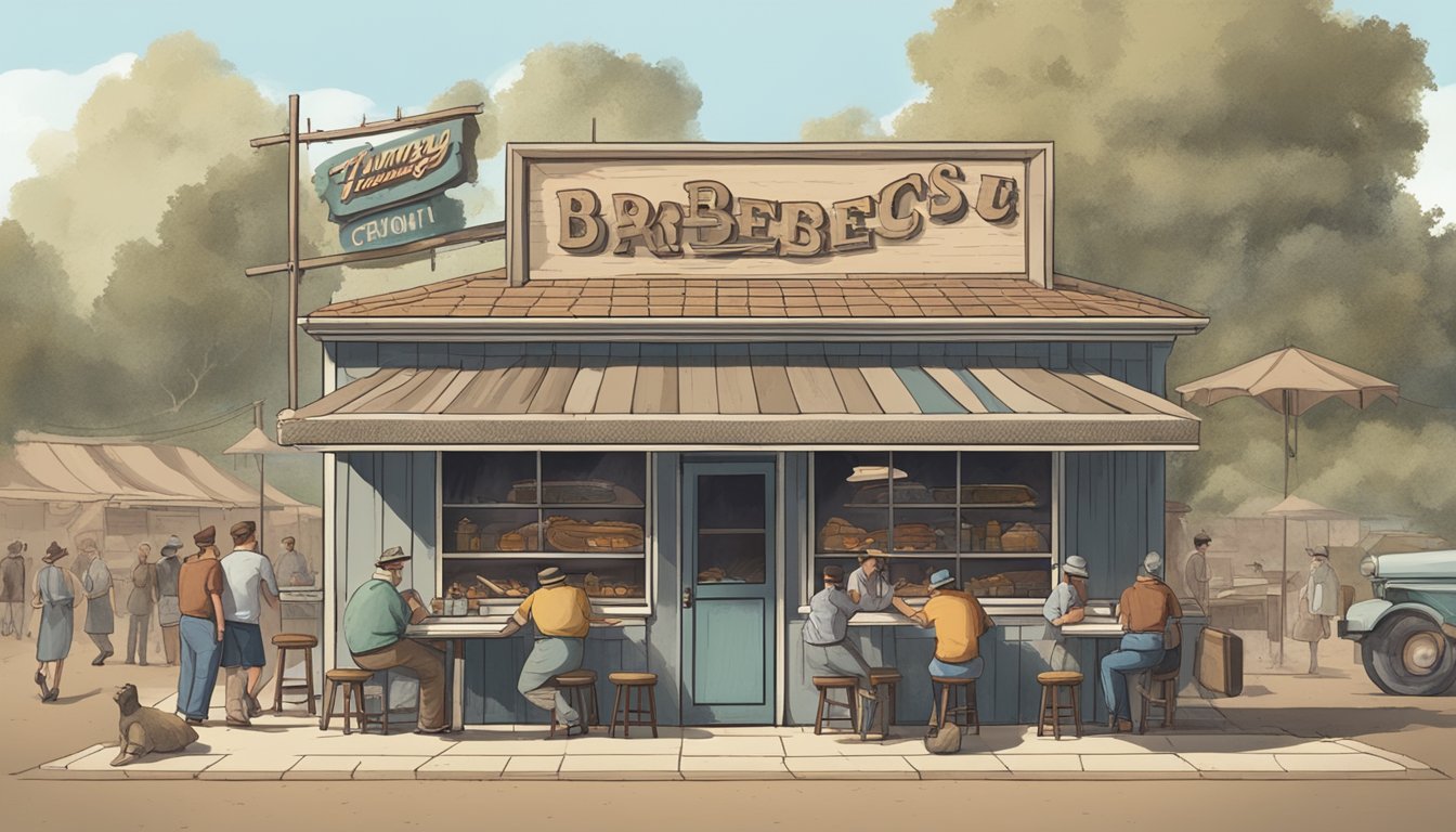 A rustic barbecue joint with a vintage sign, smoke billowing from the pit, and a line of hungry customers outside