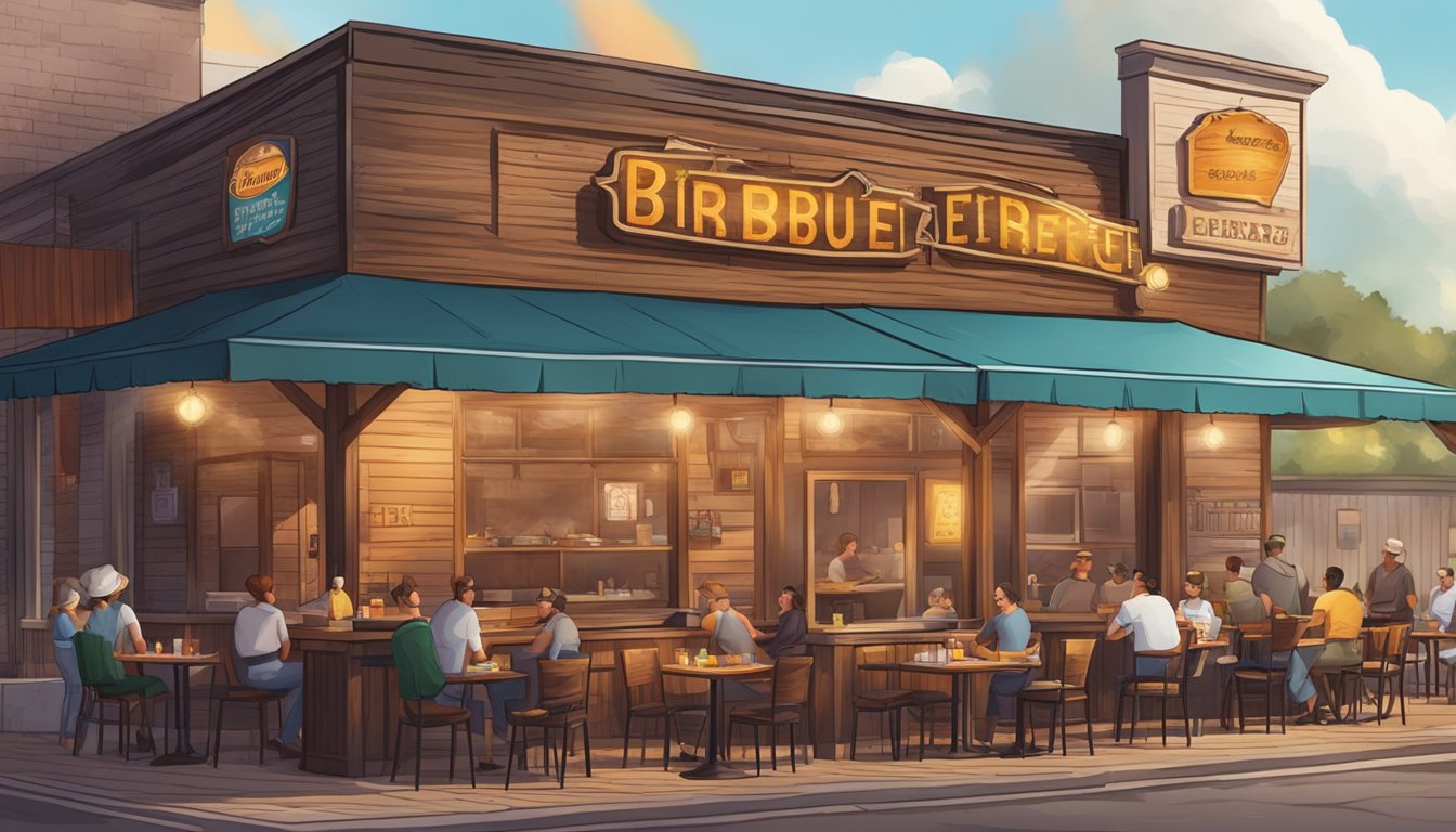 A rustic barbecue restaurant with a colorful outdoor sign, smoke billowing from the pit, and a bustling outdoor seating area